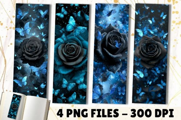 Glowing Blue Butterfly Rose Bookmark Png