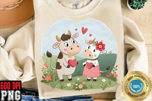 Whimsical Valentine Heart Cow Couple PNG